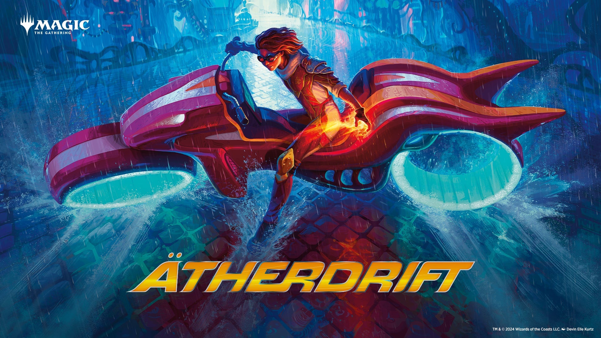 Produktverpackung des MTG-Sets Ätherdrift mit ätherisch-leuchtendem Design. Das Artwork zeigt einen schwebenden Magier vor einem verzerrten, surrealen Himmel.
