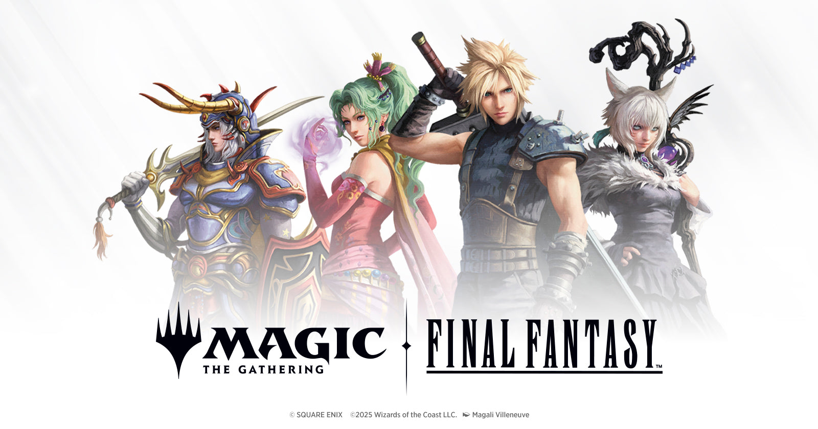 Logo des MTG x Final Fantasy Sets, kombiniert mit ikonischer Fantasy-Ästhetik. Im Hintergrund stilisierte Kristalle, Chocobos und Silhouetten berühmter Helden wie Cloud und Yuna. Artstyle im klassischen Yoshitaka-Amano-Stil.