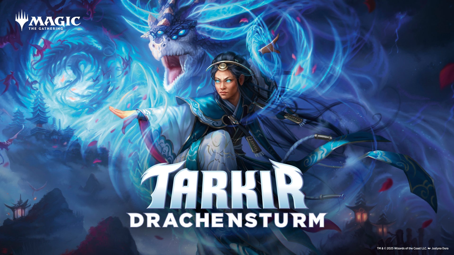 Sammlung von Magic: The Gathering Karten aus der Edition Tarkir: Dragonstorm. Abgebildet sind Drachenkarten, Zauber und Boosterpacks der Edition.