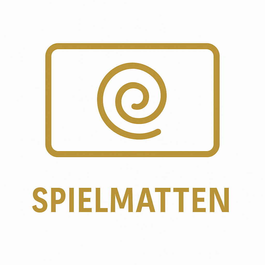 Logo der Kategorie „Spielmatten“ mit goldener Umrissgrafik einer rechteckigen Spielmatte und zentralem Spiraldesign. Darunter der Schriftzug „SPIELMATTEN“ in goldener Versalschrift auf weißem Hintergrund.