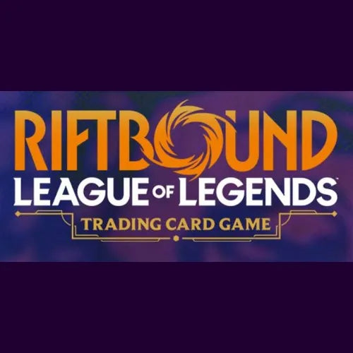 Offizielles Logo des Riftbound TCG – League of Legends. Der Schriftzug „RIFTBOUND“ in orange-violetter Wirbeloptik mit „League of Legends“ und dem Zusatz „Trading Card Game“ auf lila Hintergrund.