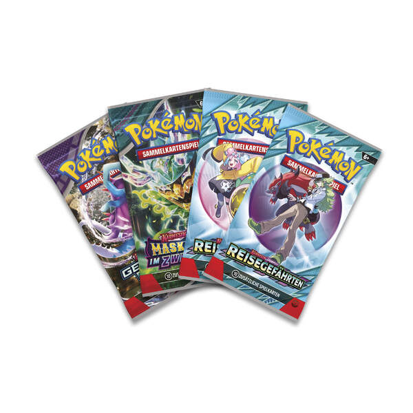 Pokémon Tin 121 mit Koraidon-Promokarte und vier Boosterpacks, verpackt in einer hochwertigen Metalldose mit kraftvollem Koraidon-Artwork. - 4 Booster Packs Reisegefährten, Maskerade und Gewalten der Zeit