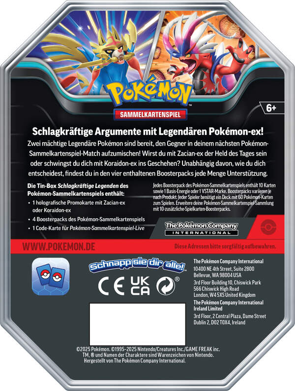 Pokémon Tin 122 mit Zacian-Promokarte und mehreren Boostern, verpackt in einer hochwertigen Metalldose mit dynamischem Zacian-Artwork. Rückseite