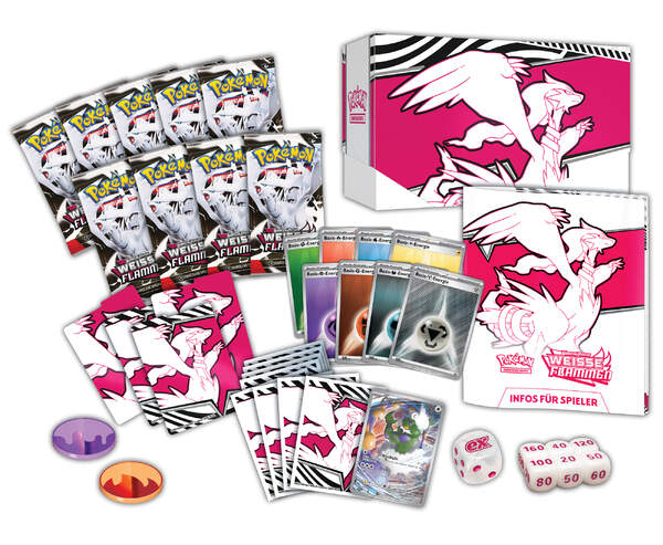 Produktbild der Pokémon Top-Trainer-Box Weiß – Weiße Flammen (KP10.5) mit Boreos-Promokarte, Boosterpacks, Kartenhüllen und Turnierzubehör im eleganten weißen Design. Explosionszeichnung