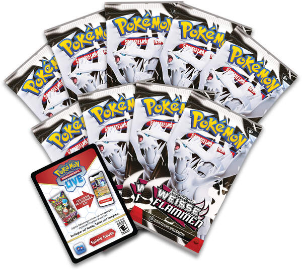 Produktbild der Pokémon Top-Trainer-Box Weiß – Weiße Flammen (KP10.5) mit Boreos-Promokarte, Boosterpacks, Kartenhüllen und Turnierzubehör im eleganten weißen Design. Booster aus der Top Trainer Box