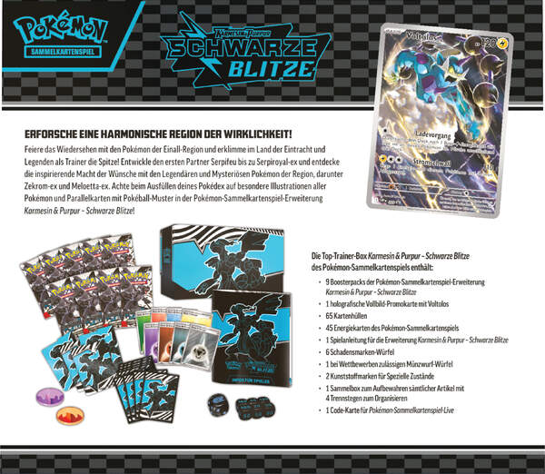 Pokémon Top-Trainer-Box Schwarz – Schwarze Blitze (KP10.5) mit schwarzem Design, Voltolos-Promokarte, Boosterpacks, Kartenhüllen, Energiekarten und Spielzubehör. Rückansicht.