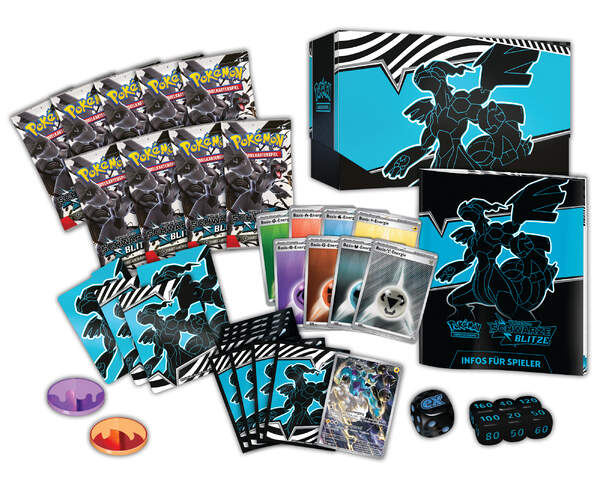Pokémon Top-Trainer-Box Schwarz – Schwarze Blitze (KP10.5) mit schwarzem Design, Voltolos-Promokarte, Boosterpacks, Kartenhüllen, Energiekarten und Spielzubehör. Explosionszeichnung