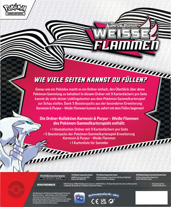 Pokémon Ordner-Kollektion Weiß – Weiße Flammen (KP10.5) bestehend aus Sammelordner im weißen Design mit 9 Kartenfächern pro Seite und 5 Boosterpacks der Sonderedition. Rückseite