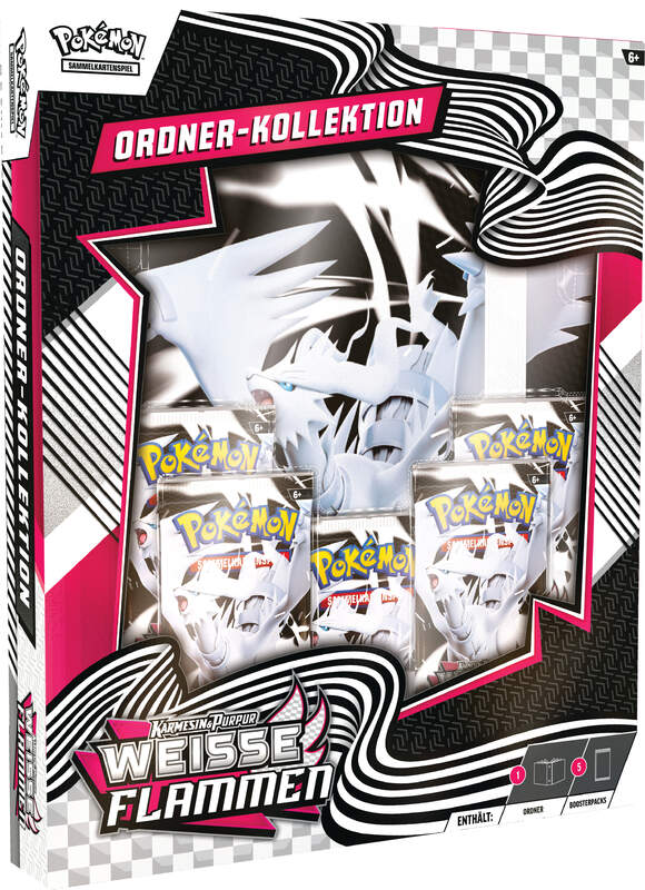 Pokémon Ordner-Kollektion Weiß – Weiße Flammen (KP10.5) bestehend aus Sammelordner im weißen Design mit 9 Kartenfächern pro Seite und 5 Boosterpacks der Sonderedition.