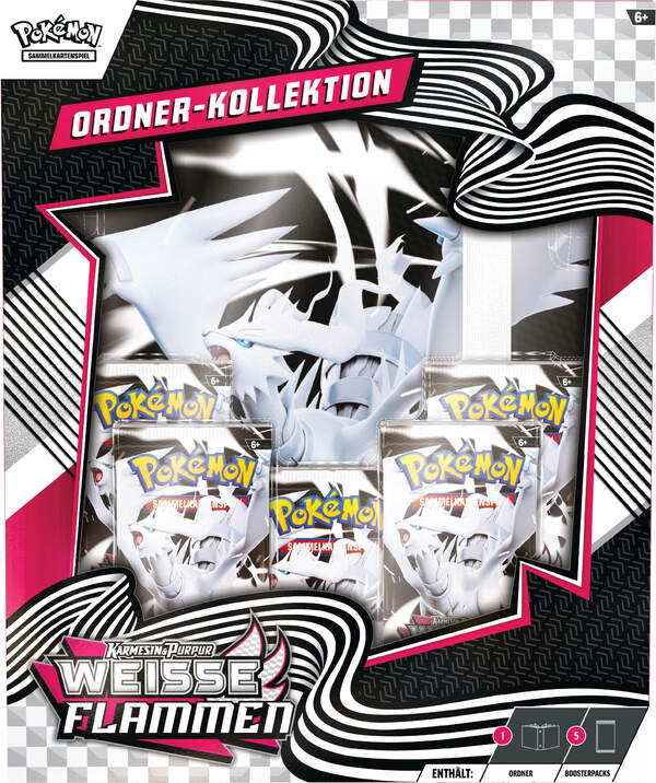 Pokémon Ordner-Kollektion Weiß – Weiße Flammen (KP10.5) bestehend aus Sammelordner im weißen Design mit 9 Kartenfächern pro Seite und 5 Boosterpacks der Sonderedition. Gerade Frontsicht
