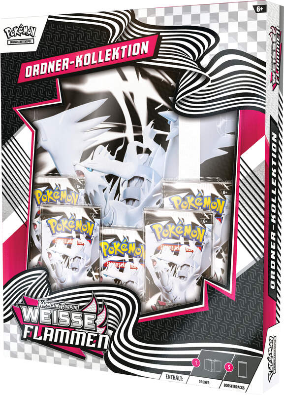 Pokémon Ordner-Kollektion Weiß – Weiße Flammen (KP10.5) bestehend aus Sammelordner im weißen Design mit 9 Kartenfächern pro Seite und 5 Boosterpacks der Sonderedition.