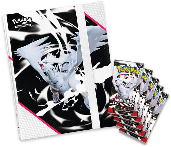 Pokémon Ordner-Kollektion Weiß – Weiße Flammen (KP10.5) bestehend aus Sammelordner im weißen Design mit 9 Kartenfächern pro Seite und 5 Boosterpacks der Sonderedition. Ordner und Booster einzeln