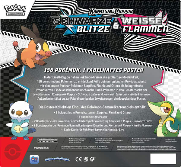 Pokémon Einall Poster-Kollektion KP10.5 mit drei holografischen Promokarten (Serpifeu, Floink, Ottaro), großem doppelseitigen Poster und vier Boostern aus Weiße Flammen und Schwarze Blitze. Rückseite