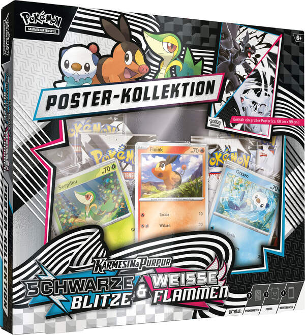 Pokémon Einall Poster-Kollektion KP10.5 mit drei holografischen Promokarten (Serpifeu, Floink, Ottaro), großem doppelseitigen Poster und vier Boostern aus Weiße Flammen und Schwarze Blitze.
