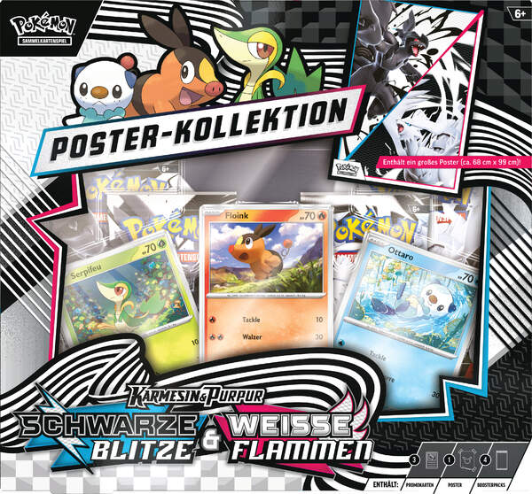 Pokémon Einall Poster-Kollektion KP10.5 mit drei holografischen Promokarten (Serpifeu, Floink, Ottaro), großem doppelseitigen Poster und vier Boostern aus Weiße Flammen und Schwarze Blitze.