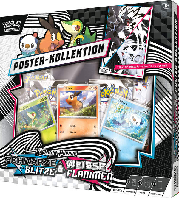 Pokémon Einall Poster-Kollektion KP10.5 mit drei holografischen Promokarten (Serpifeu, Floink, Ottaro), großem doppelseitigen Poster und vier Boostern aus Weiße Flammen und Schwarze Blitze.
