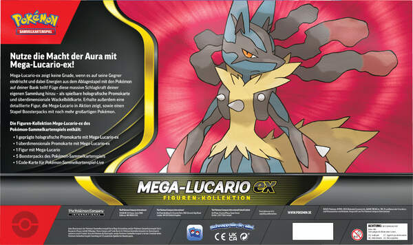 Pokémon TCG Figuren-Kollektion Mega-Lucario-ex mit Promo, XXL-Karte, Figur und 5 Boostern Rückseite