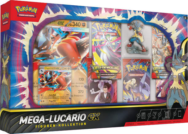Pokémon TCG Figuren-Kollektion Mega-Lucario-ex mit Promo, XXL-Karte, Figur und 5 Boostern