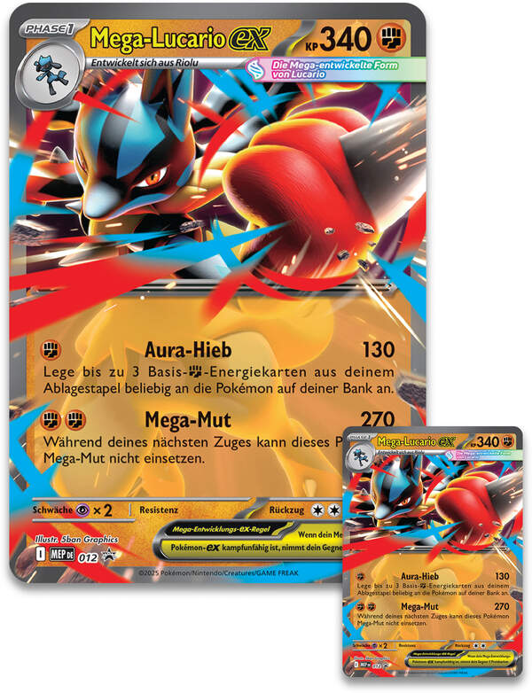 Pokémon TCG Figuren-Kollektion Mega-Lucario-ex mit Promo, XXL-Karte, Figur und 5 Boostern Promokarte