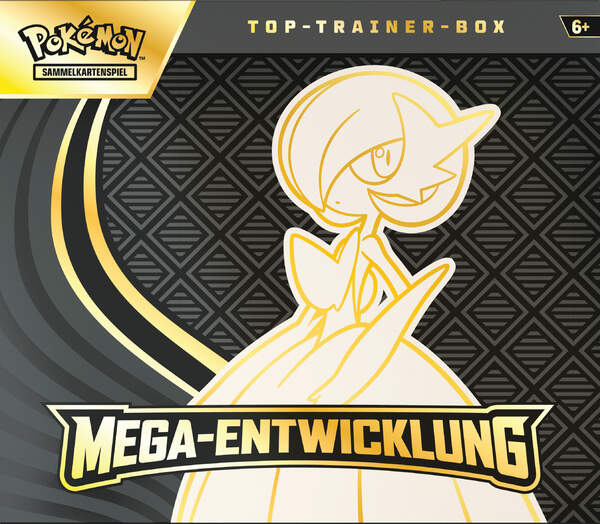 Pokémon TCG ME01 Top-Trainer-Box A – Mega-Entwicklung DE mit 9 Boostern, Promo-Guardevoir & Zubehör