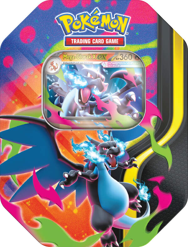 Pokémon Tin 126 Mega-Glurak X-ex – Promo-Tin mit exklusiver Karte und vier Boosterpacks.
