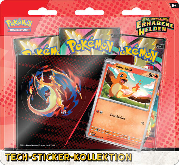 Pokémon ME02.5 Glumanda Tech-Sticker-Kollektion mit exklusiver Glumanda-Promokarte, Tech-Stickerbogen und drei Boosterpacks aus Erhabene Helden