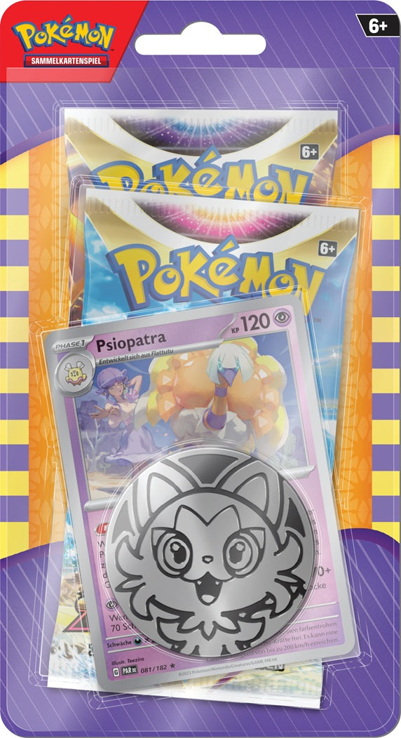 Pokémon 2-Pack August 2024 mit je einem Boosterpack aus Strahlende Sterne und Astralglanz (Schwert & Schild-Ära), nebeneinander verpackt mit Pokémon-Artwork.