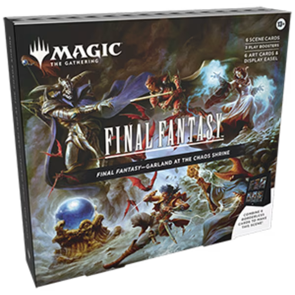 Magic: The Gathering – FINAL FANTASY Scene Box „Garland at the Chaos Shrine“ mit 6 Foil Borderless Karten, 6 Art-Cards, 3 Boostern & Display-Easel