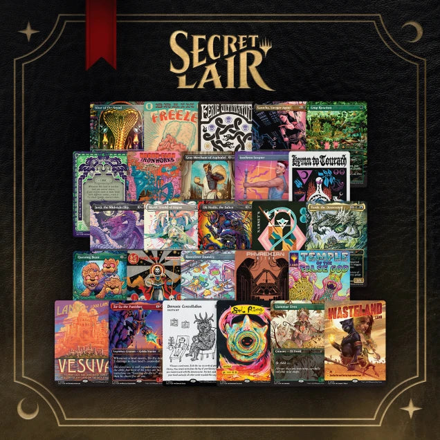 Secret Lair Countdown Kit – 26 einzeln verpackte Premium-MTG-Karten von A bis Z wie Urza’s Saga, Sol Ring und Demonic Consultation.