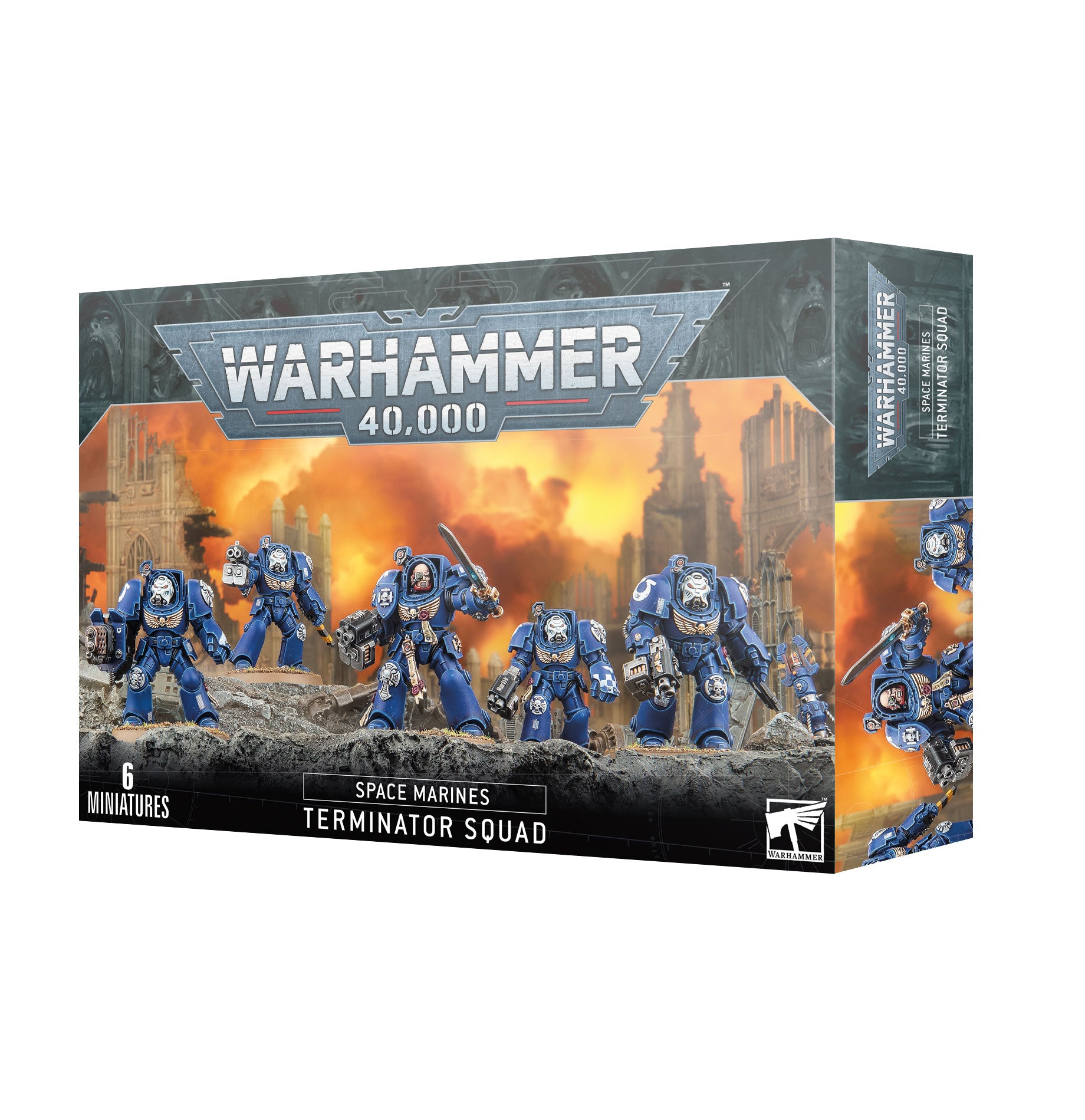 Warhammer 40K Terminatortrupp – 5 Space Marines in schwerer Dreadnought-Rüstung mit Sturmboltern, Energiefäusten und Spezialwaffen auf 40-mm-Bases.