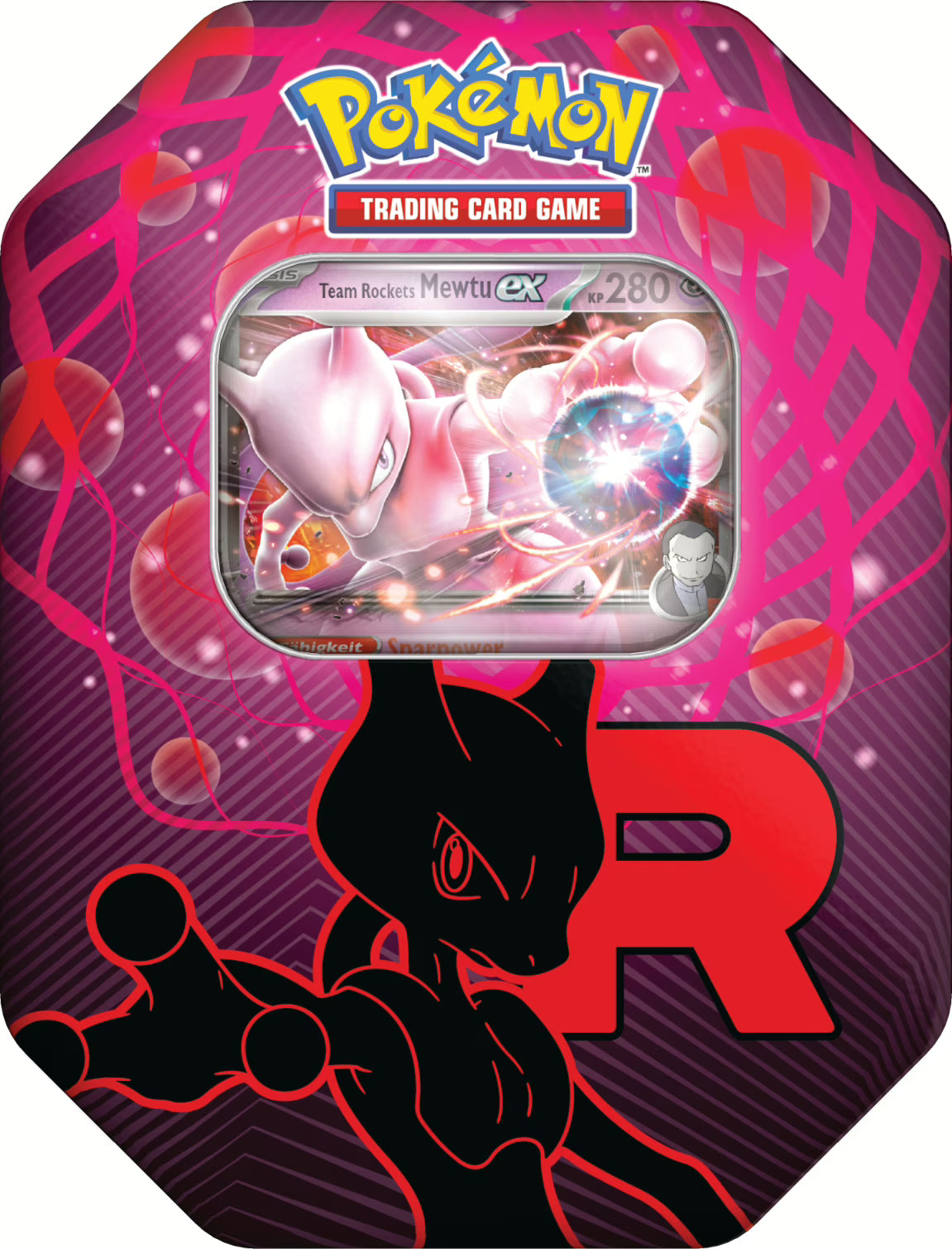 Pokémon Tin mit Team Rockets Mewtu-ex Promokarte und vier Boosterpacks