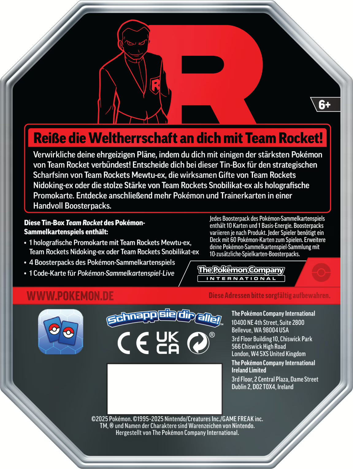 Pokémon Tin mit Team Rockets Snobilikat-ex Promokarte und vier Boosterpacks Rückseite