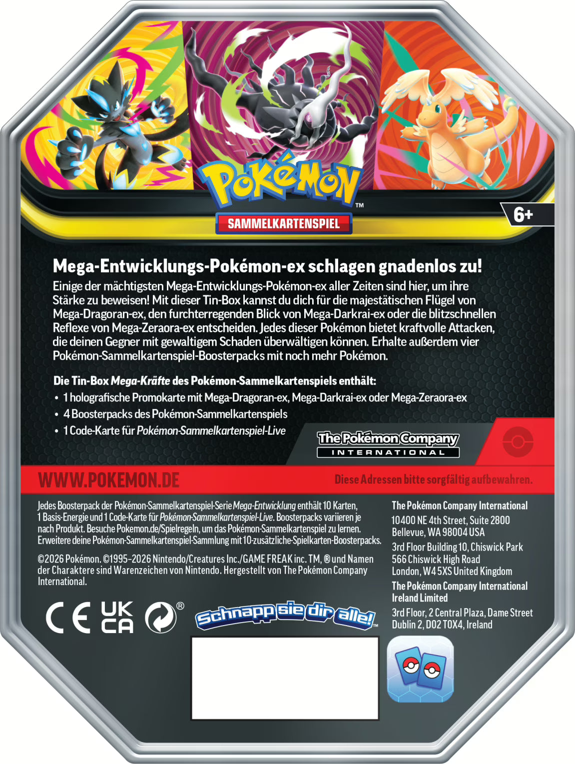 Pokémon Tin 131 Mega-Darkrai-ex mit exklusiver holografischer Promokarte, zeigt die hochwertige Metallbox der Mega-Entwicklungs-Serie mit vier enthaltenen Boosterpacks des Pokémon-Sammelkartenspiels