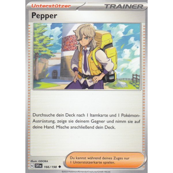 Pepper Pokémon Trainerkarte 166/198 aus dem Set Karmesin & Purpur in Near Mint Zustand – Unterstützerkarte zur gezielten Suche von Itemkarten.

