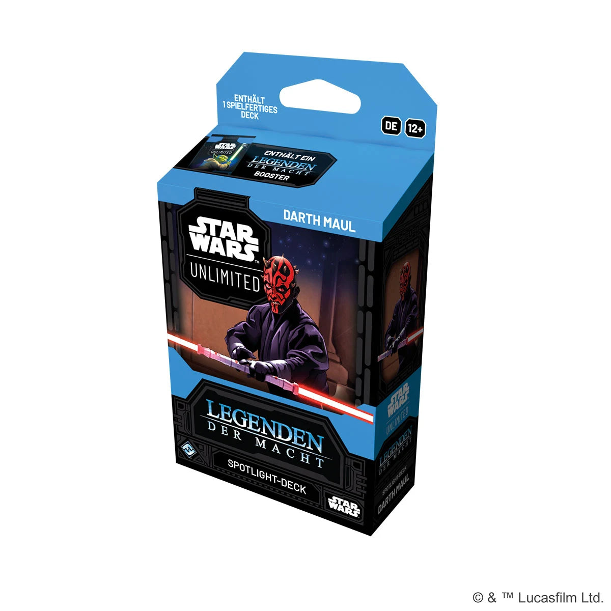 Produktbild des Darth Maul Spotlight-Decks für Star Wars: Unlimited – mit spielfertigem Deck, exklusiven Karten und Booster-Pack.