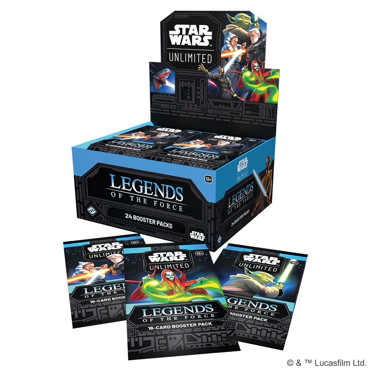 Verpackung des Star Wars Unlimited Booster-Displays Legends of the Force. Box mit 24 Boosterpacks, galaktischem Artwork, Lichtschwert-Motiven und Logos. Enthaltene Karten stammen aus verschiedenen Star Wars Epochen.