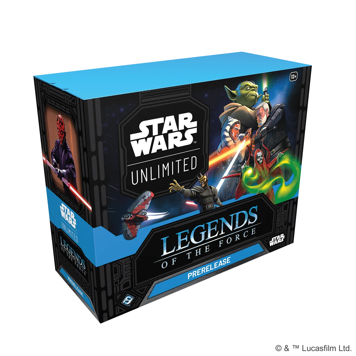 Verpackung der SWU Prerelease Box Legends of the Force mit 6 enthaltenen Boostern, exklusiven Promokarten von Qui-Gon Jinn und Darth Maul, Damage-Countern und weiteren Turniermaterialien.
