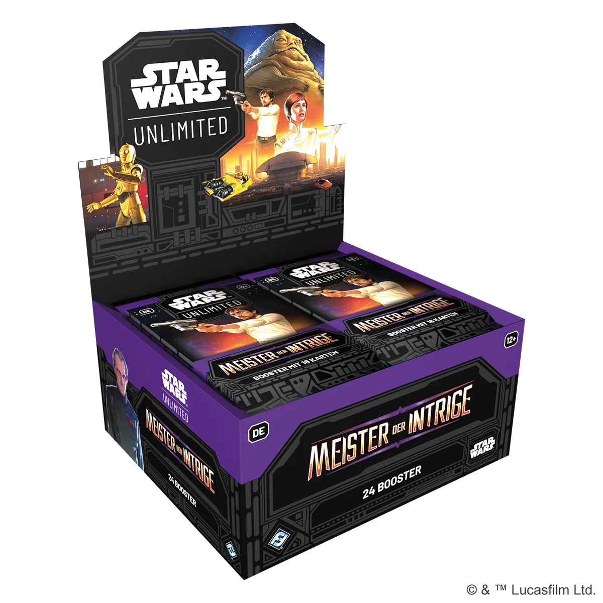 Star Wars: Unlimited – Meister der Intrige Booster-Display mit 24 Packs, Rare & Foil Karten, Hyperspace-Varianten und Spionage-Motiv im Star-Wars-Design.