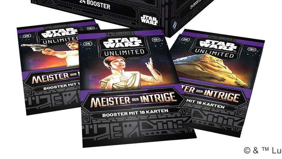Star Wars: Unlimited – Meister der Intrige Boosterpack mit 16 Karten, Rare & Foil, Hyperspace-Varianten und Star Wars Spionage-Thema.