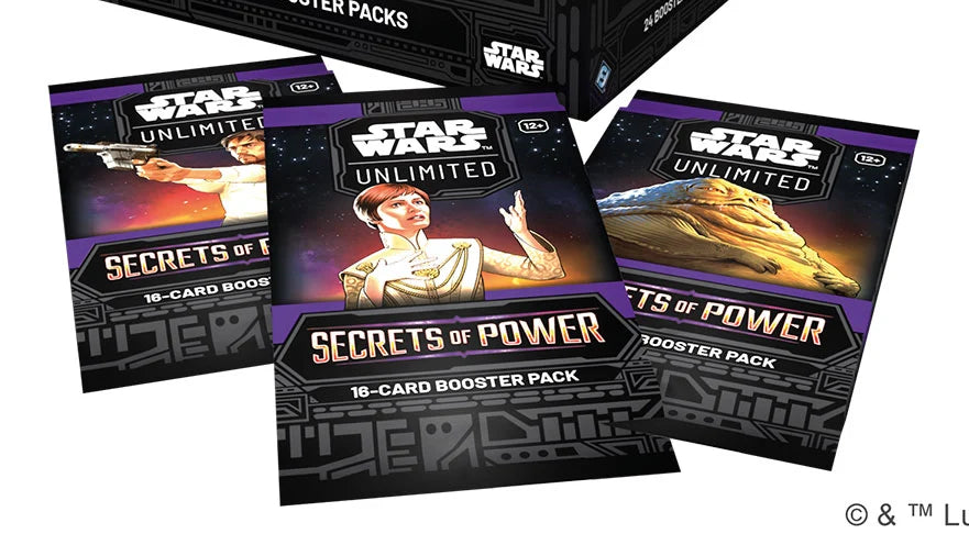 Star Wars: Unlimited – Secrets of Power Booster Pack featuring spies, politicians, and agents from across the galaxy with dramatic Star Wars artwork.