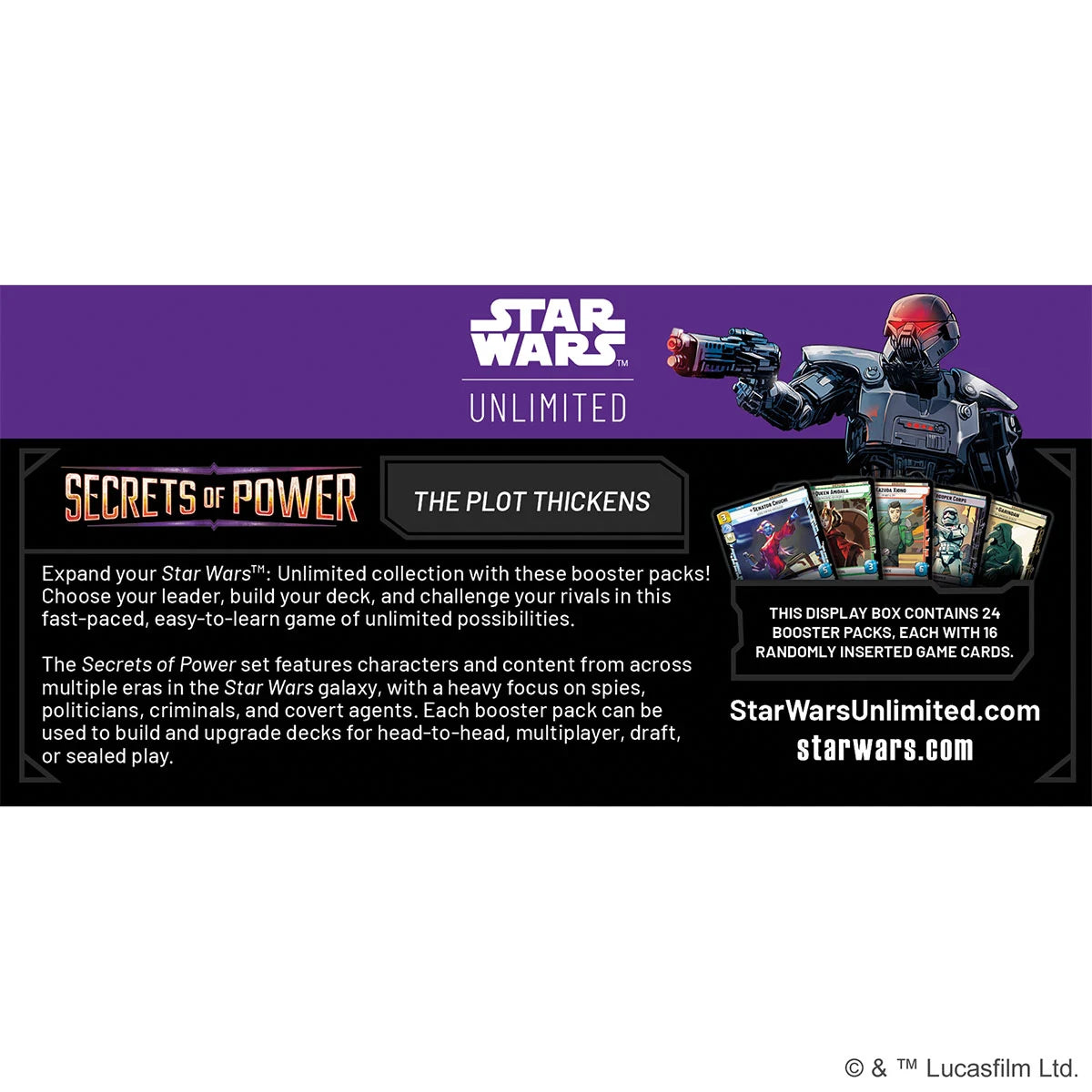 Star Wars: Unlimited – Secrets of Power Booster Display with 24 packs, featuring iconic Star Wars characters, spies, and agents in a galactic design. Back