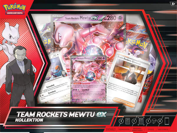 Pokémon Team Rockets Mewtu-ex Kollektion – Box Vorderseite mit Promokarten, Boostern und Sticker